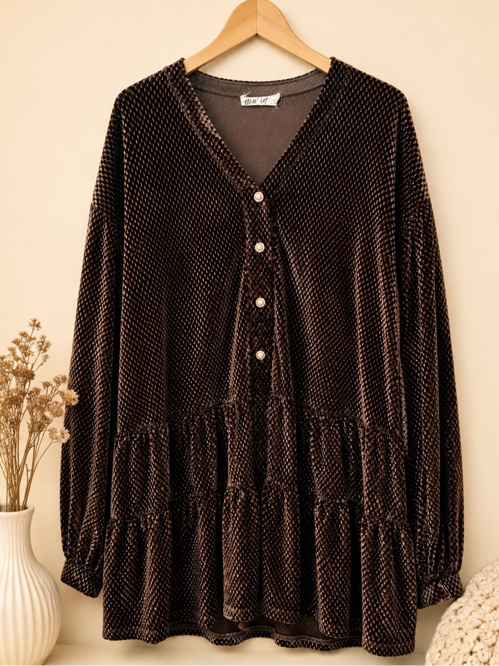 New In Brown Velvet Tiered V-Neck Dress